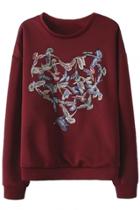 Oasap Funny Embroidered Bird Print Burgundy Sweatshirt