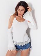 Oasap Off Shoulder Flare Sleeve Lace Trim Tee