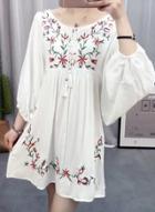Oasap Round Neck Long Sleeve Floral Embroidery Dress