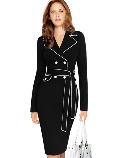 Oasap Long Sleeve Bodycon Midi Pencil Dress With Belt