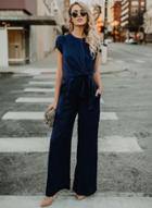 Oasap Round Neck Short Sleeve Solid Color Jumpsuit