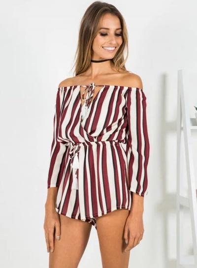 Oasap Slash Neck Off Shoulder Striped Romper