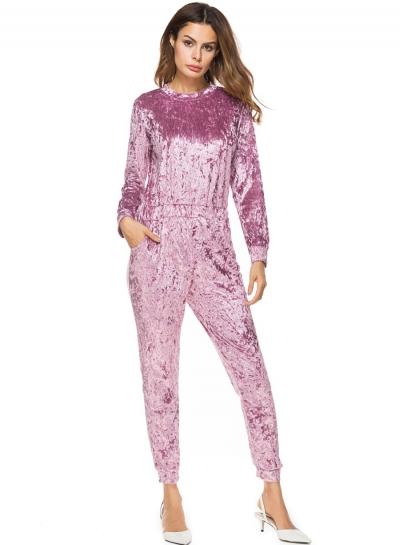 Oasap Fashion Long Sleeve Elastic Waist Velvet Jumpsuit