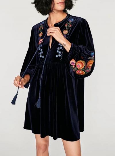 Oasap Floral Embrodery Velvet Loose Fit Dress