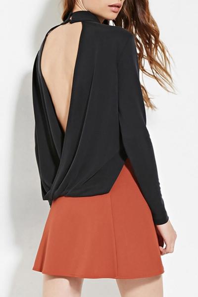 Oasap Women's High Neck Long Sleeve Draped Open Back Tee