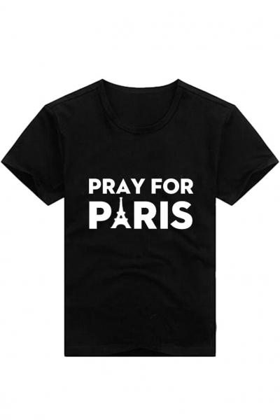 Oasap Black Pray For Paris Print Round Neck Tee