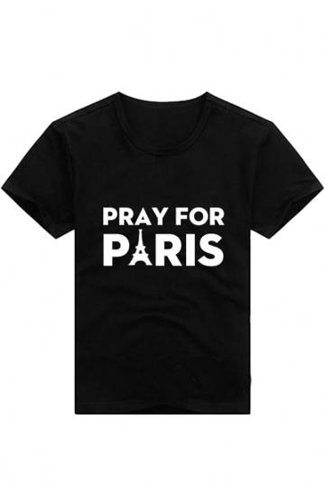 Oasap Black Pray For Paris Print Round Neck Tee