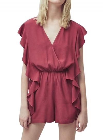Oasap Women's V Neck Flounce Sleeve Elastic Waist Solid Romper