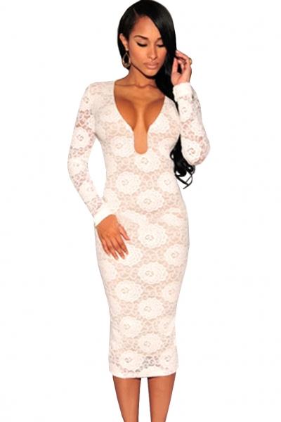 Oasap White Plunge Long Sleeves Lace Party Midi Dress