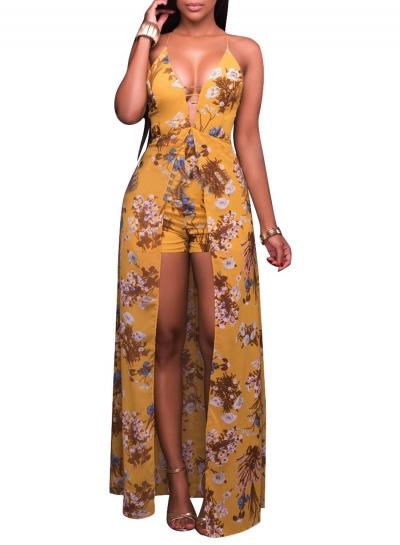 Oasap V Neck Sleeveless Backless Floral Romper Maxi Dress