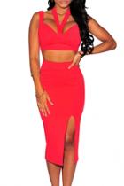 Oasap Sexy Halter Neck Sleeveless Red Skirt Set