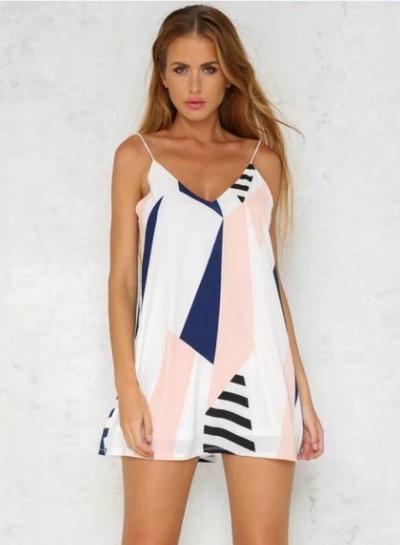 Oasap Spaghetti Strap V Neck Sleeveless Backless Geo Printed Mini Dress