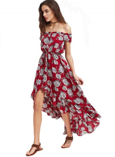 Oasap Slash Neck Floral Print High Low Maxi Dress