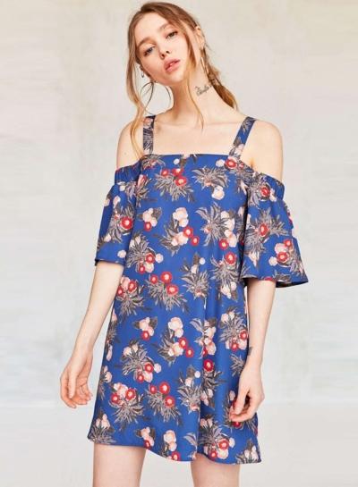Oasap Off Shoulder Floral Print Loose Slip Dress