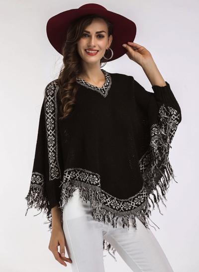 Oasap V Neck Cape Design Tassels Decoration Sweater