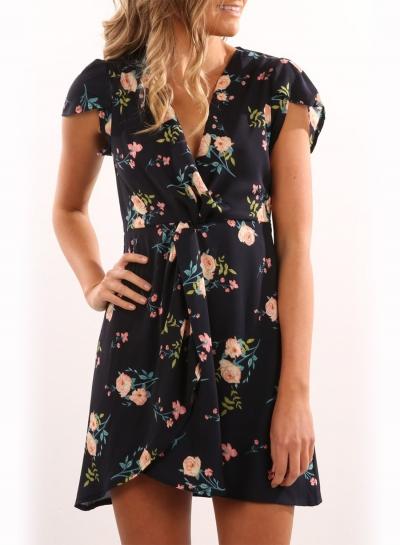 Oasap Fashion Floral Printed V Neck Short Sleeve Mini Dress