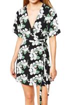 Oasap Women's Deep V-neck Short Sleeve Floral Print Dress With Belt