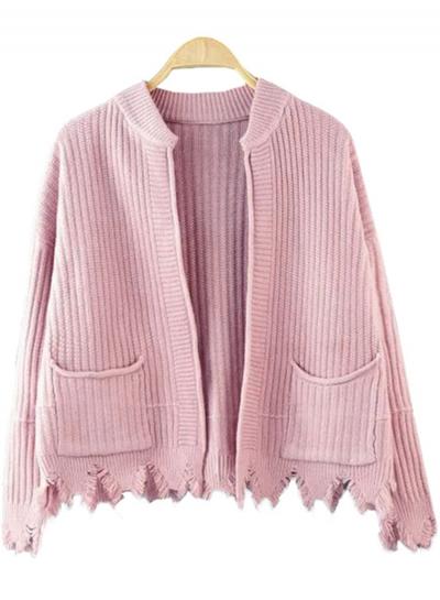 Oasap Round Neck Long Sleeve Rough Selvedge Cardigan