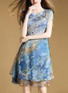 Oasap Vintage Short Sleeve Floral A-line Dress