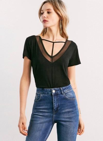 Oasap Mesh Panel Hollow Out Sheer Tee Shirt