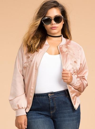 Oasap Women's Band Collar Floral Embroidery Bomber Jacket