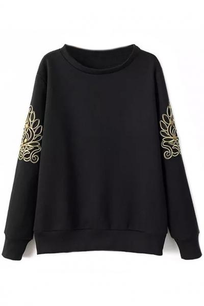 Oasap Black Embroidery Beading Sweatshirt
