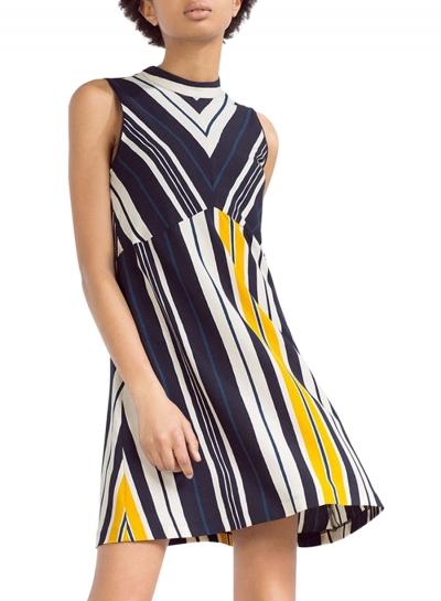 Oasap Women Color Block Striped Mock Neck Sleeveless A-line Dress