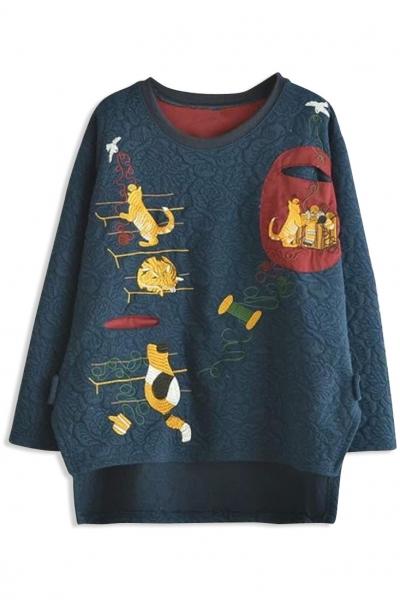 Oasap Blue High-low Textured Sweatshirt