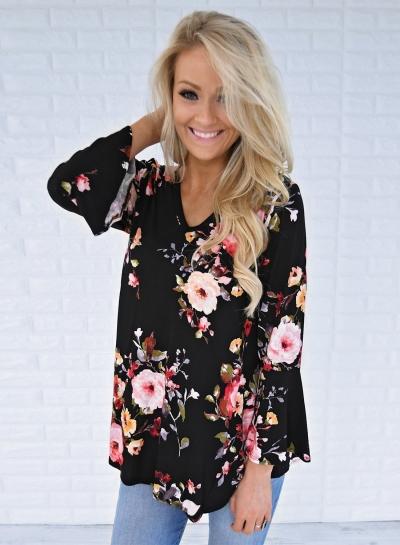 Oasap V Neck Flare Sleeve Floral Pullover Blouse