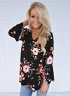 Oasap V Neck Flare Sleeve Floral Pullover Blouse