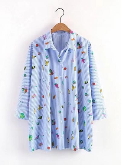 Oasap Fruit Print Striped Button Down Shirt