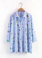 Oasap Fruit Print Striped Button Down Shirt