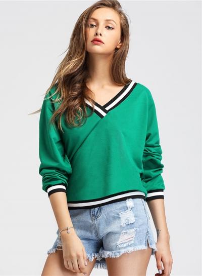 Oasap V Neck Stripe Trim Loose Pullover Sweatshirt