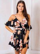 Oasap V Neck Off Shoulder Backless Floral Irregular Dress