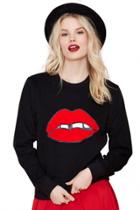 Oasap Red Lips Print Black Sweatshirt