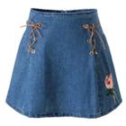 Oasap High Waist Denim Floral Embroidery Mini Skirt