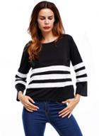 Oasap Round Neck Long Sleeve Striped Tops