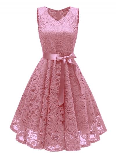 Oasap Elegant Lace Waist Tie Sleeveless V Neck Swing Midi Dress With Zip