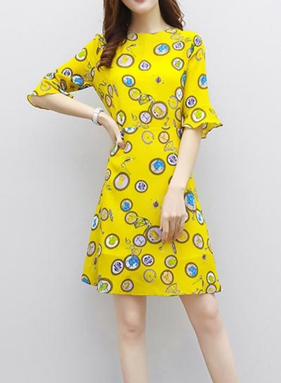Oasap Printed Crew Neck Flare Sleeve Slim Dress