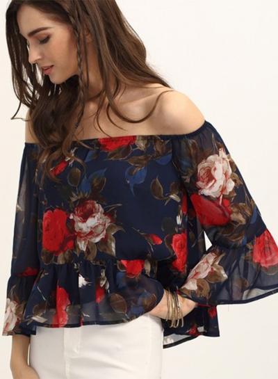 Oasap Floral Off Shoulder Long Sleeve Loose Fit Blouse