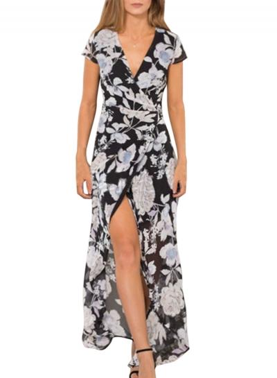 Oasap Women's Floral Print V Neck Wrap Tie Waist Front Slit Maxi Dress
