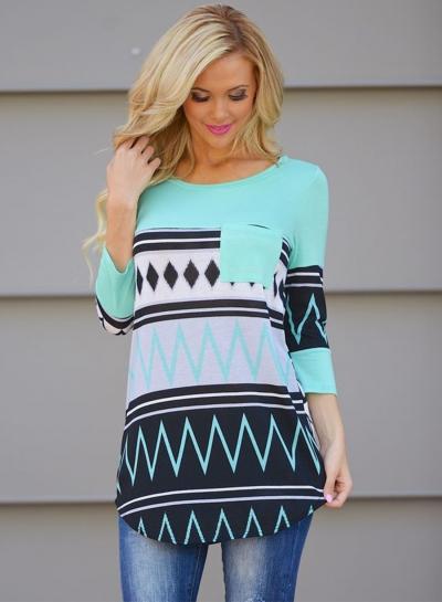 Oasap Long Sleeve Geo Printed Tee With Pocket