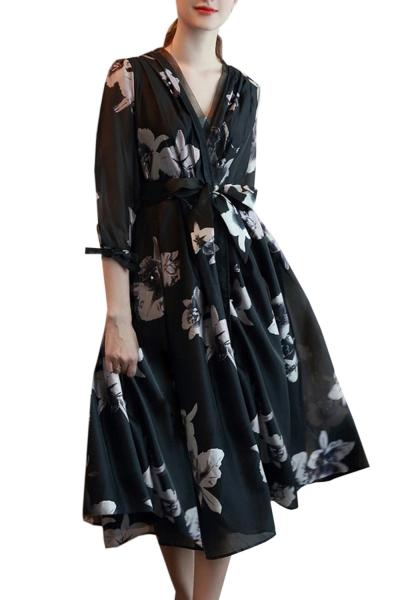 Oasap Women's Floral Print Three Quarter Sleeve Wrap Dress