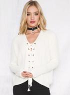 Oasap Solid Color V Neck Lace Up Long Sleeve Knit Sweater