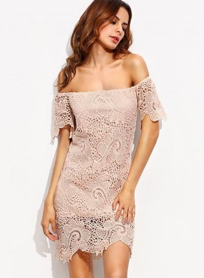 Oasap Slash Neck Lace Solid Mini Dresses