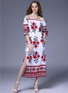 Oasap Slash Neck Floral Print High Slit Maxi Dress