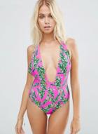 Oasap Printed Deep V Neck One Piece Swimsuit