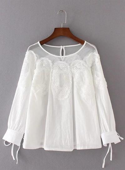 Oasap Round Neck Long Sleeve Solid Color Lace Splicing Blouse