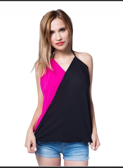 Oasap Contrast Color Panel Chiffon Tank