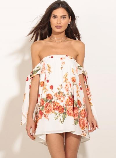 Oasap Tie Sleeve Off Shoulder Floral Print Backless Mini Dress